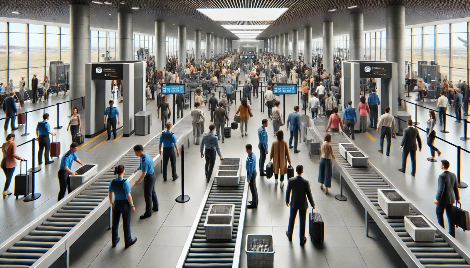 Passengers passing through airport security screening area