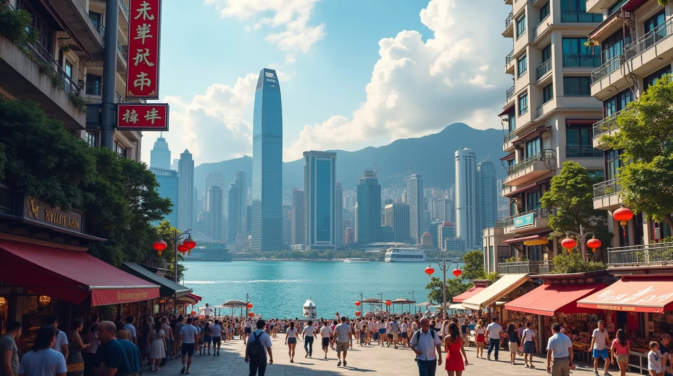 image of Hong Kong with a bustling cityscape featuring sleek skyscrapers and traditional architecture, set against a backdrop of Victoria Harbour