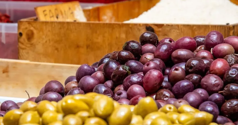 Fresh Green and Purple Olives Displayed at Malaga Spain Food Market Stall