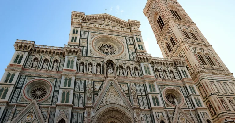 Florence Cathedral facade with Giotto’s bell tower in Italy