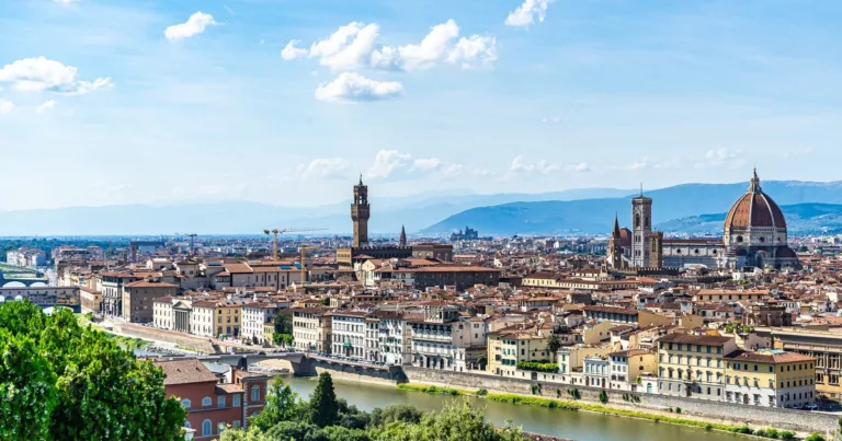 Panoramic view of Florence Italy with Duomo and Arno River