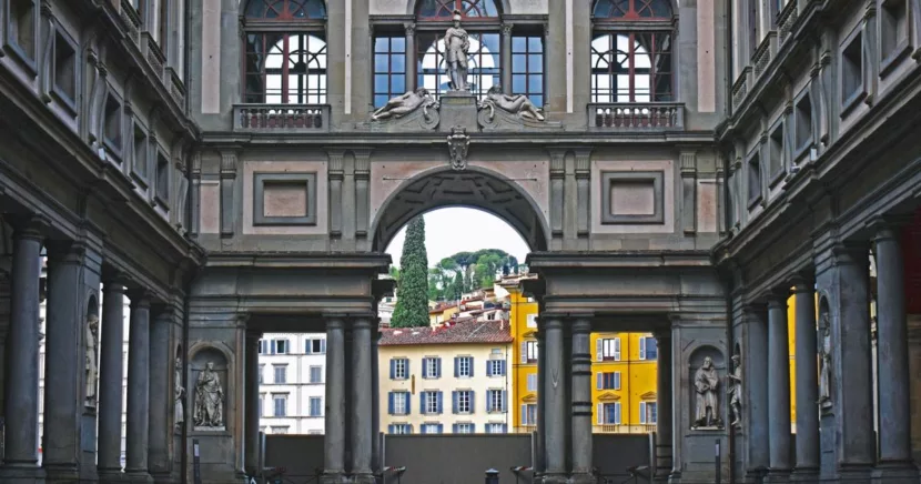 Uffizi Gallery Courtyard View with Historic Arches and Florence Backdrop