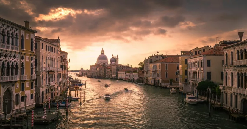 Scenic Venice Grand Canal at Sunset with Historic Domes and Boats
