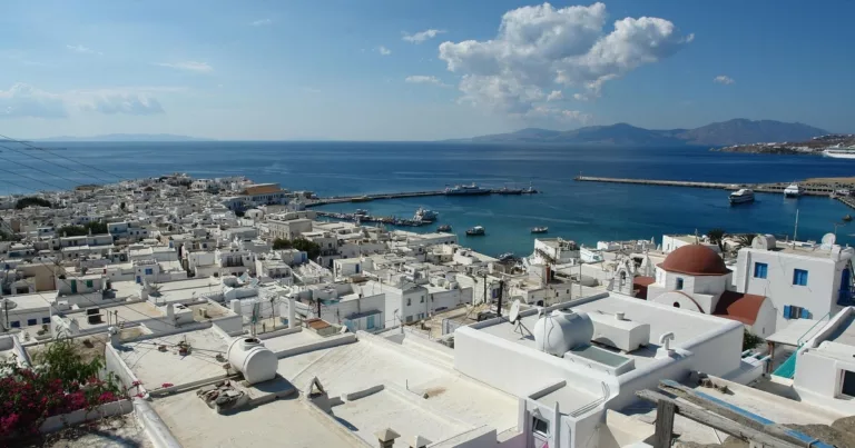 Whitewashed houses overlooking the Aegean Sea in Mykonos town Greece