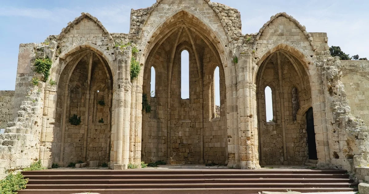 Ancient stone arches of the Church of the Virgin Mary of the Burgh in Rhodes Greece