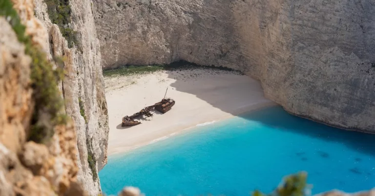 Iconic shipwreck resting on the white sands of Navagio Beach in Zakynthos Greece